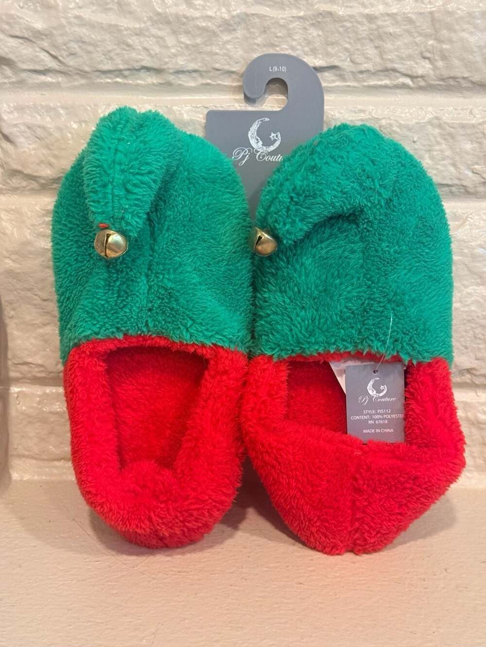 PJ Couture Fuzzy Red and Green Jingle Bell Elf Slippers Size L 9-10 NWT PJS112